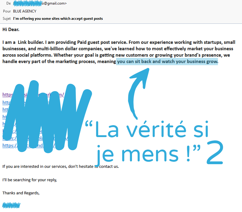 Autre exemple de mail de vendeur de backlinks